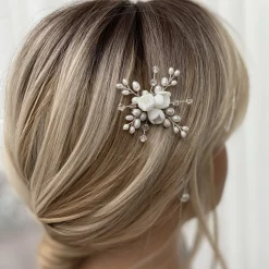Lace & Favour Bride Gifts | Pearl Hair Accessories*Snowdrop Porcelain Flowers and Freshwater Pearl Hair Pin (Silver) Ivory/ Silver