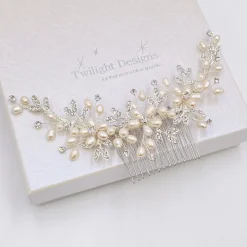Twilight Designs Pearl Hair Accessories | Silver Hair Accessories*Sophia Freshwater Pearl and Crystal Leaves Hair Comb Ivory/ Silver