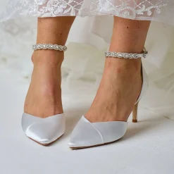 Perfect Bridal Wedding Shoes | Mid Heel*Summer Dyeable Satin Crystal Ankle Strap Court Shoes (Wide Fit) Ivory