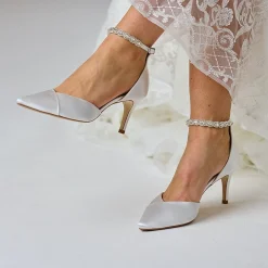 Perfect Bridal Wedding Shoes | Mid Heel*Summer Dyeable Satin Crystal Ankle Strap Court Shoes (Wide Fit) Ivory