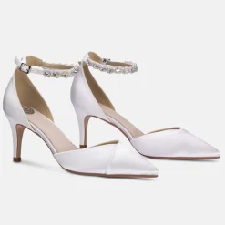 Perfect Bridal Wedding Shoes | Mid Heel*Summer Dyeable Satin Crystal Ankle Strap Court Shoes (Wide Fit) Ivory