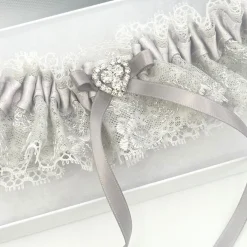 Boudoir Couture Bride Gifts | Bridal Garters*Surrender Silver Satin and Lace Garter with Crystal Heart and Detail Silver/ Ivory