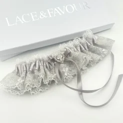 Boudoir Couture Bride Gifts | Bridal Garters*Surrender Silver Satin and Lace Garter with Crystal Heart and Detail Silver/ Ivory