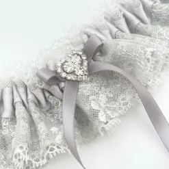 Boudoir Couture Bride Gifts | Bridal Garters*Surrender Silver Satin and Lace Garter with Crystal Heart and Detail Silver/ Ivory