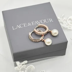 Lace & Favour Bridesmaid Gifts | Bride Gifts*Tahiti Rose Gold Pearl Drop Crystal Huggie Hoop Earrings Ivory/ Rose Gold