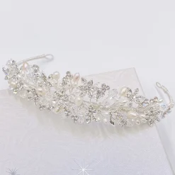 Twilight Designs Pearl Hair Accessories | Silver Hair Accessories*Tahlia Freshwater Pearl, Diamante Flowers and Crystal Tiara Ivory/ Silver