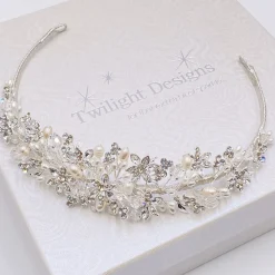 Twilight Designs Pearl Hair Accessories | Silver Hair Accessories*Tahlia Freshwater Pearl, Diamante Flowers and Crystal Tiara Ivory/ Silver