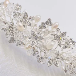 Twilight Designs Pearl Hair Accessories | Silver Hair Accessories*Tahlia Freshwater Pearl, Diamante Flowers and Crystal Tiara Ivory/ Silver