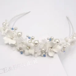 Beads & Beyond Something Blue Gifts | Bride Gifts*Tiffany Pearl and Light Sapphire Crystal Floral Tiara Ivory/ Blue/ Silver