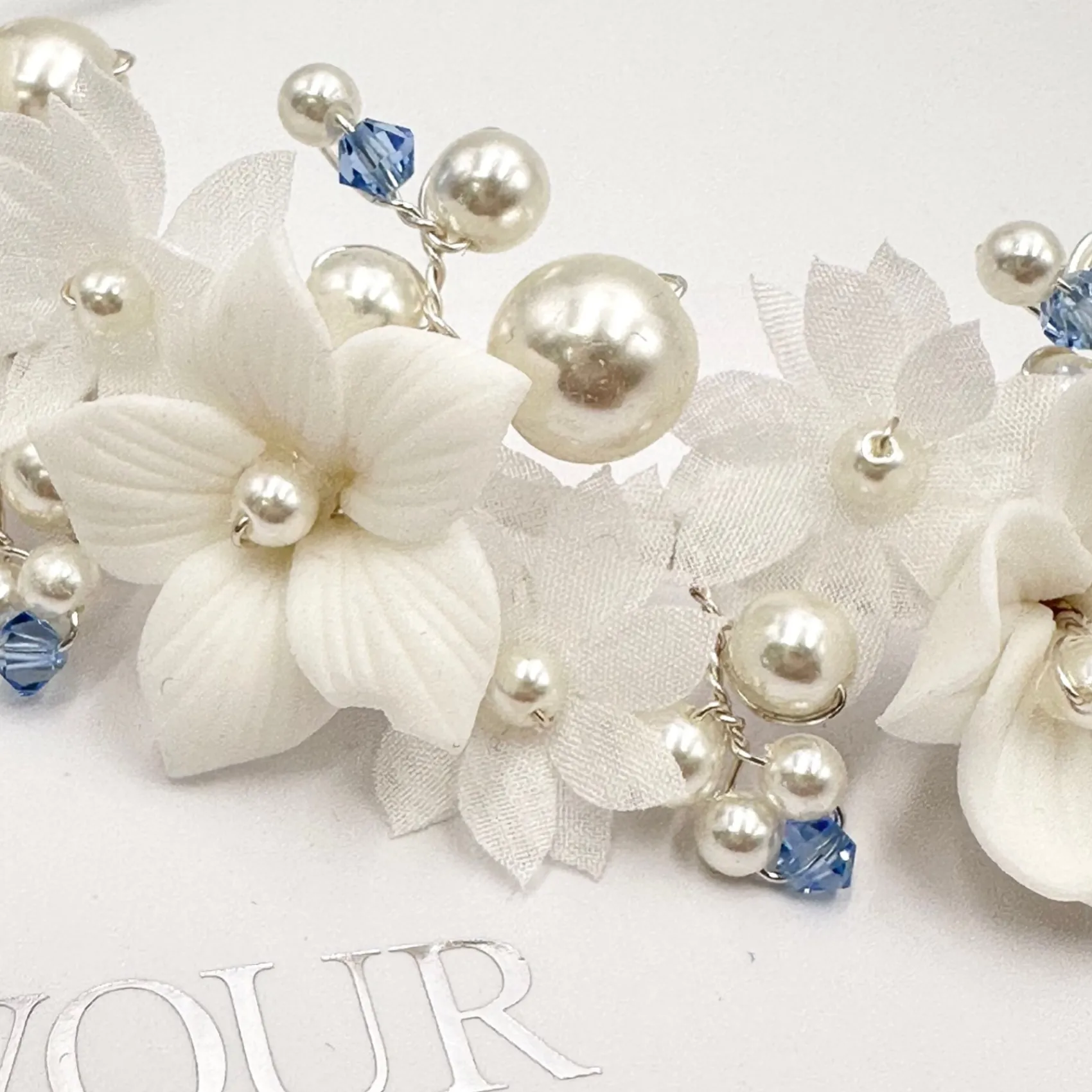 Beads & Beyond Something Blue Gifts | Bride Gifts*Tiffany Pearl and Light Sapphire Crystal Floral Tiara Ivory/ Blue/ Silver