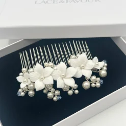 Beads & Beyond Something Blue Gifts | Bride Gifts*Tiffany Pearl and Light Sapphire Crystal Floral Hair Comb Ivory/ Blue/ Silver