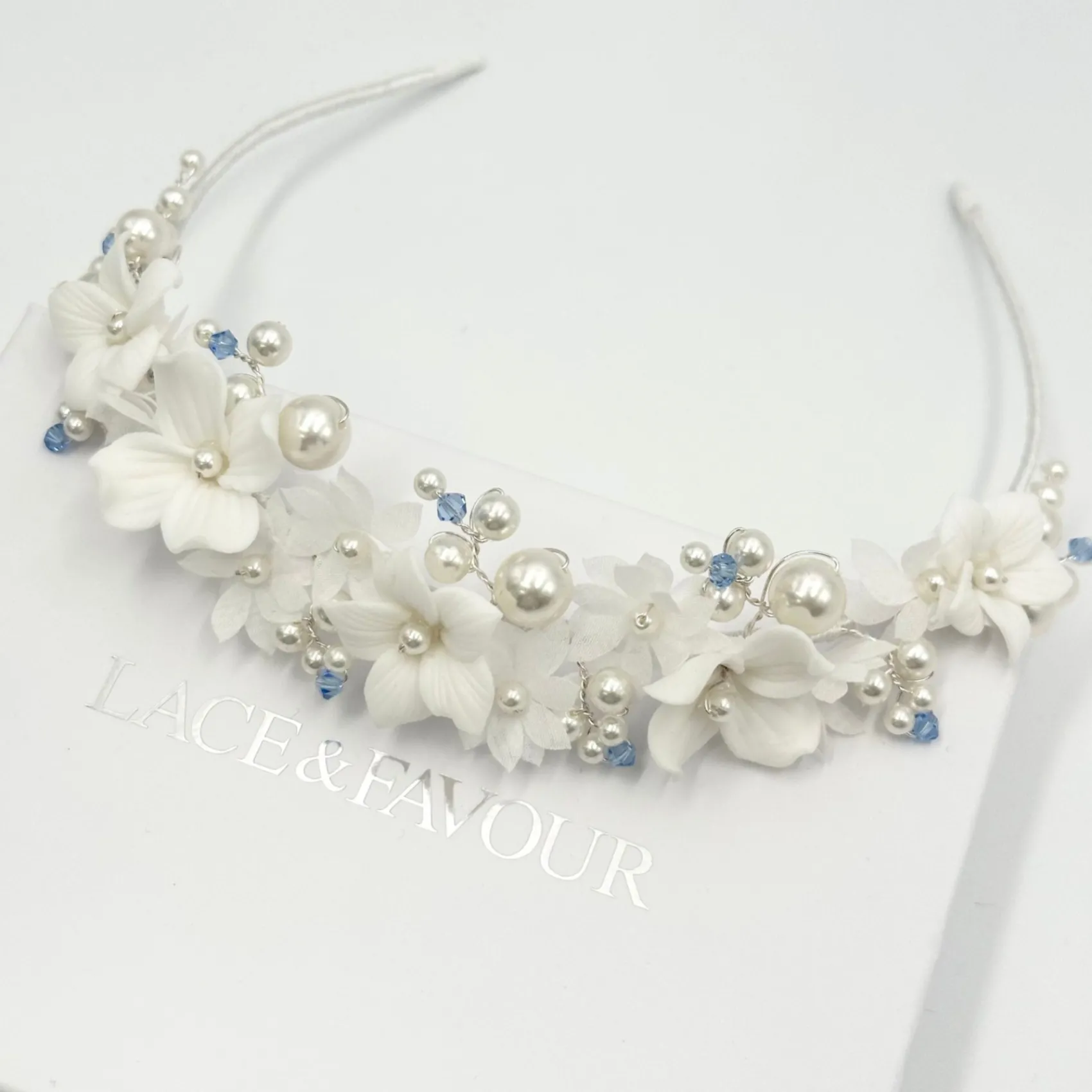 Beads & Beyond Something Blue Gifts | Bride Gifts*Tiffany Pearl and Light Sapphire Crystal Floral Tiara Ivory/ Blue/ Silver
