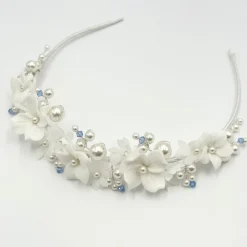 Beads & Beyond Something Blue Gifts | Bride Gifts*Tiffany Pearl and Light Sapphire Crystal Floral Tiara Ivory/ Blue/ Silver