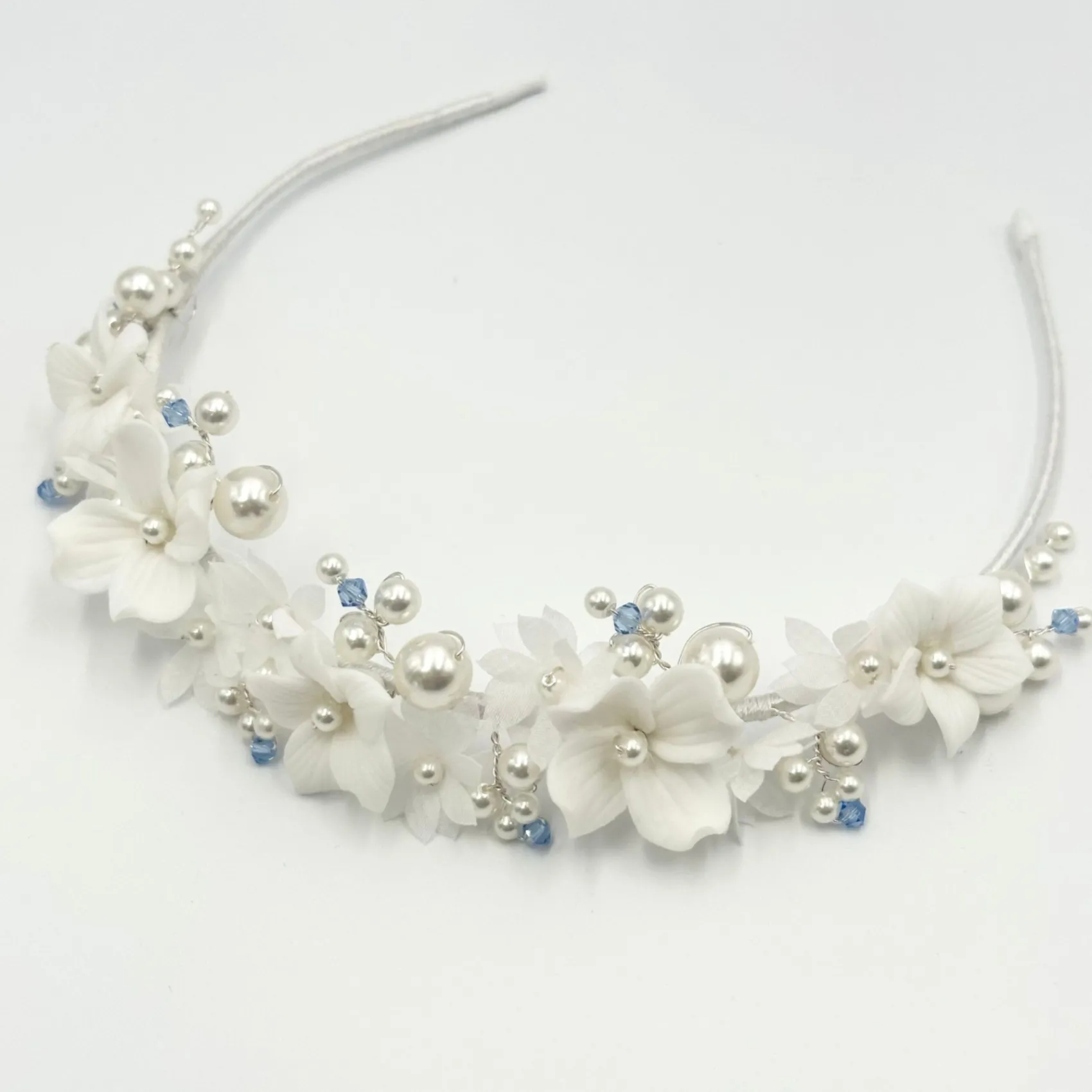 Beads & Beyond Something Blue Gifts | Bride Gifts*Tiffany Pearl and Light Sapphire Crystal Floral Tiara Ivory/ Blue/ Silver