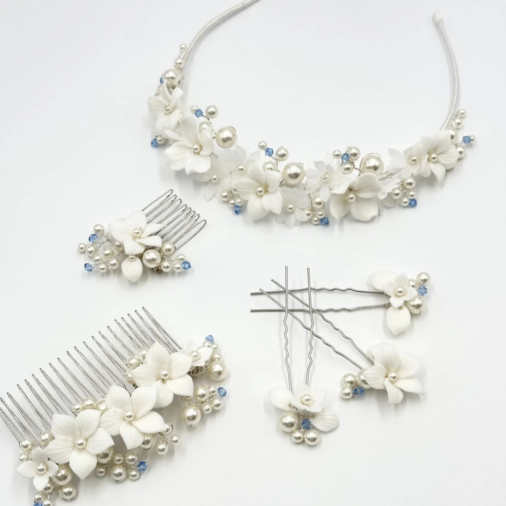 Beads & Beyond Something Blue Gifts | Bride Gifts*Tiffany Pearl and Light Sapphire Crystal Floral Tiara Ivory/ Blue/ Silver