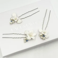Beads & Beyond Something Blue Gifts | Bride Gifts*Tiffany Set of 3 Pearl and Light Sapphire Crystal Floral Hair Pins Ivory/ Blue/ Silver