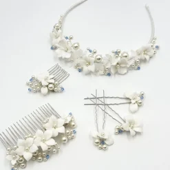 Beads & Beyond Something Blue Gifts | Bride Gifts*Tiffany Set of 3 Pearl and Light Sapphire Crystal Floral Hair Pins Ivory/ Blue/ Silver