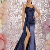 Tiffanys Prom Tiffanys Prom Dresses | Navy Prom Dresses*Tiffanys Aura Navy Satin Fitted Cowl Neck Prom Dress with Slit