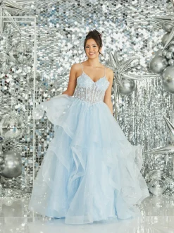 Tiffanys Prom Tiffanys Prom Dresses | Light Blue Prom Dresses*Tiffanys Skye Pale Blue Sparkly Ruffle Prom Dress with Floral Bodice