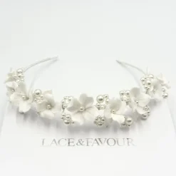 Beads & Beyond Pearl Hair Accessories | Silver Hair Accessories*Trinity Ivory Ceramic Flower and Pearl Wedding Headband Ivory/ Silver