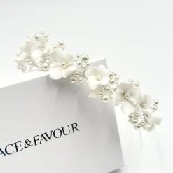 Beads & Beyond Pearl Hair Accessories | Silver Hair Accessories*Trinity Ivory Ceramic Flower and Pearl Wedding Headband Ivory/ Silver