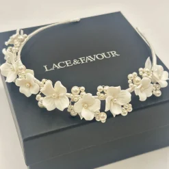 Beads & Beyond Pearl Hair Accessories | Silver Hair Accessories*Trinity Ivory Ceramic Flower and Pearl Wedding Headband Ivory/ Silver