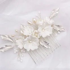 Lace & Favour Pearl Hair Accessories | Silver Hair Accessories*Tulippa Porcelain Flowers and Silver Leaves Hair Comb Ivory/ Silver