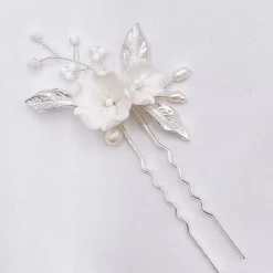 Lace & Favour Pearl Hair Accessories | Silver Hair Accessories*Tulippa Porcelain Flowers and Silver Leaves Hair Pin Ivory/ Silver