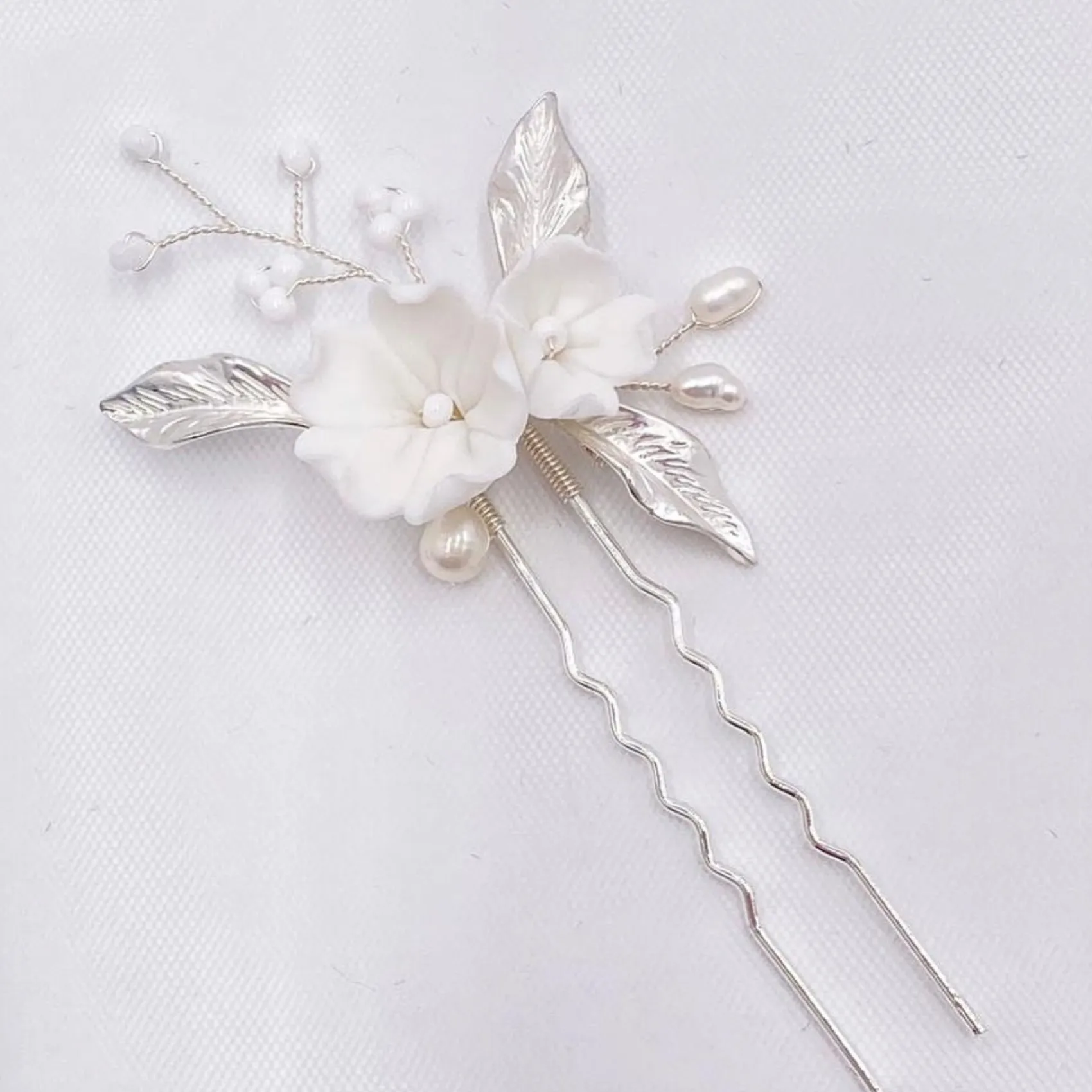 Lace & Favour Pearl Hair Accessories | Silver Hair Accessories*Tulippa Porcelain Flowers and Silver Leaves Hair Pin Ivory/ Silver