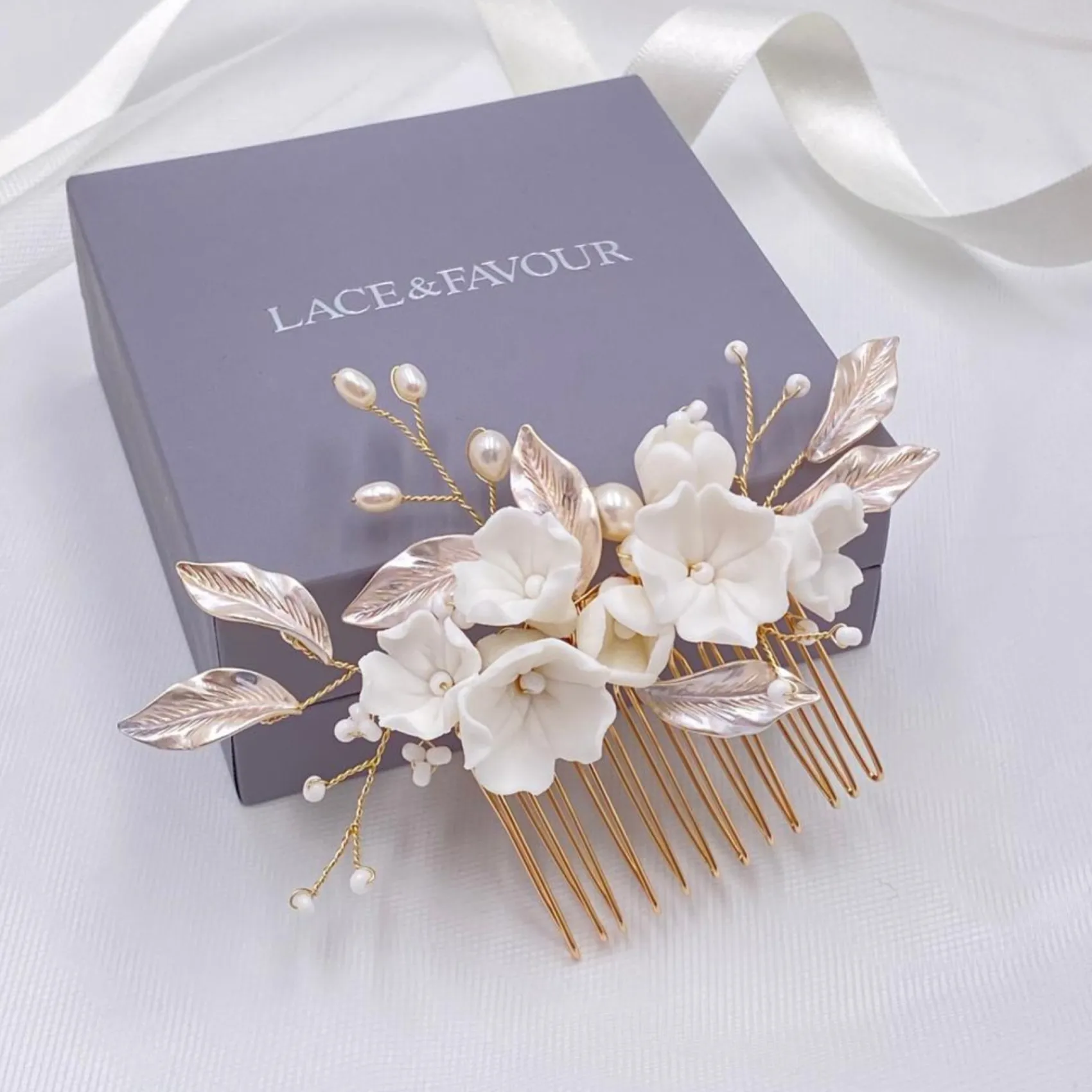 Lace & Favour Pearl Hair Accessories | Gold Hair Accessories*Tulippa Porcelain Flowers and Champagne Gold Leaves Hair Comb Ivory/ Champagne/ Gold