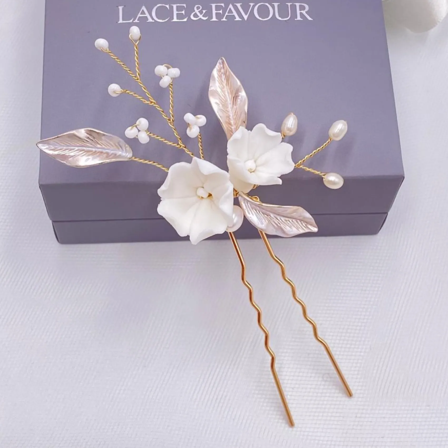 Lace & Favour Pearl Hair Accessories | Gold Hair Accessories*Tulippa Porcelain Flowers and Champagne Gold Leaves Hair Pin Ivory/ Champagne/ Gold