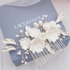 Lace & Favour Pearl Hair Accessories | Silver Hair Accessories*Tulippa Porcelain Flowers and Silver Leaves Hair Comb Ivory/ Silver
