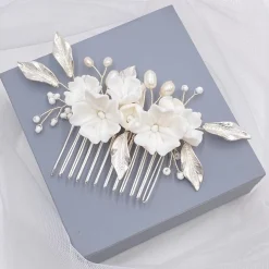 Lace & Favour Pearl Hair Accessories | Silver Hair Accessories*Tulippa Porcelain Flowers and Silver Leaves Hair Comb Ivory/ Silver