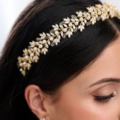 Lace & Favour Crystal Hair Accessories | Gold Hair Accessories*Tuscany Gold Crystal Leaves and Pearl Wedding Headband Ivory/ Gold