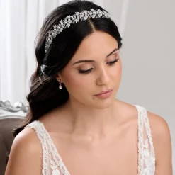 Lace & Favour Prom Headbands & Tiaras | Crystal Hair Accessories*Tuscany Silver Crystal Leaves and Pearl Wedding Headband Ivory/ Silver