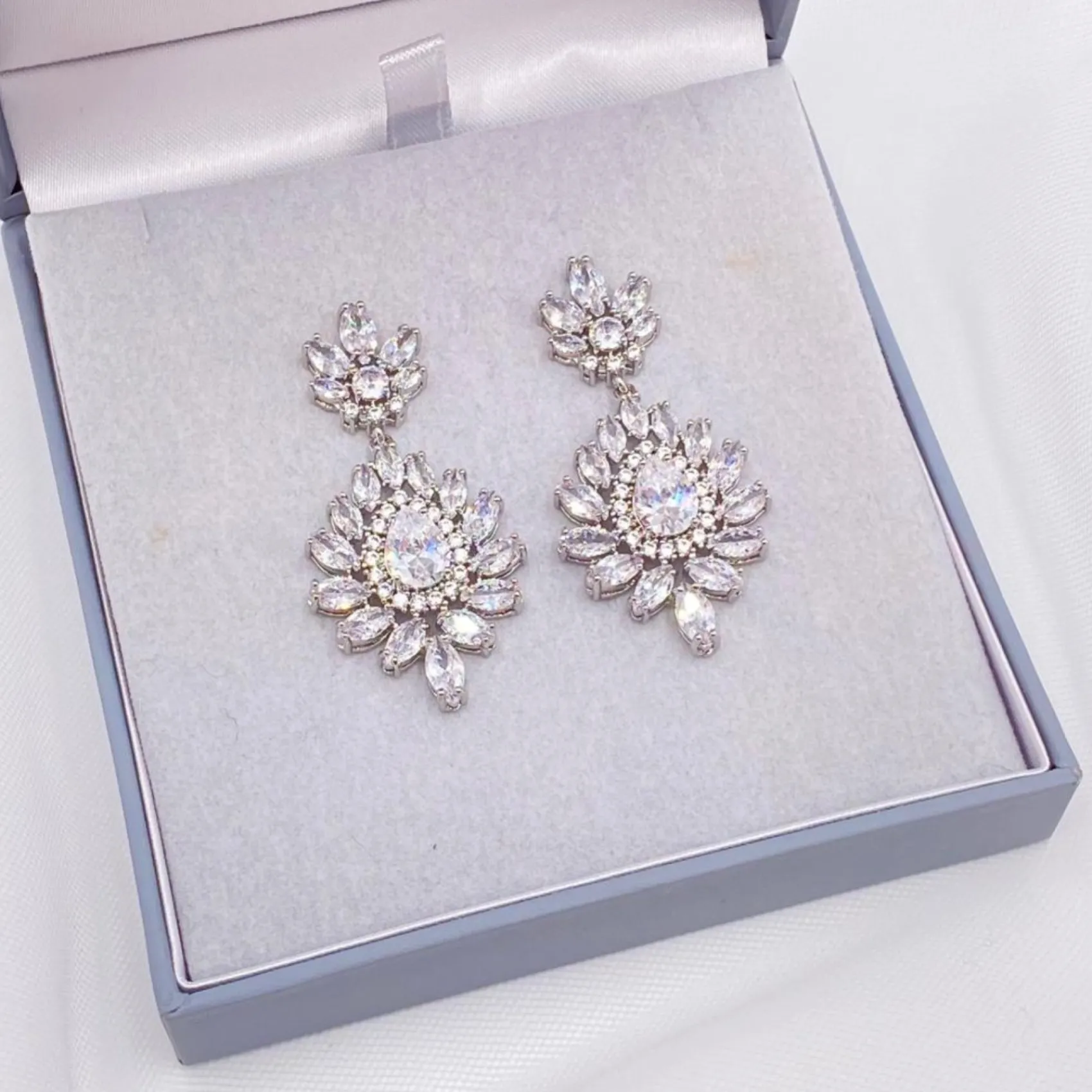 Lace & Favour Silver Prom Jewellery | Prom Earrings*Valencia Sparkling Statement CZ Chandelier Earrings Silver