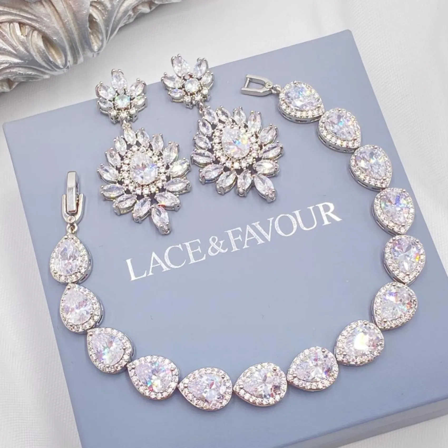 Lace & Favour Silver Prom Jewellery | Prom Earrings*Valencia Sparkling Statement CZ Chandelier Earrings Silver