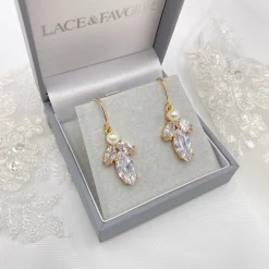 Lace & Favour Bride Gifts | Gold Wedding Jewellery*Vermont Gold Pearl and Crystal Drop Earrings Ivory/ Gold