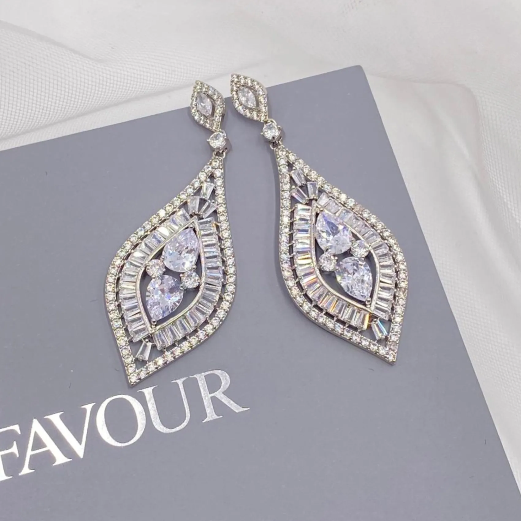 Lace & Favour Vintage Jewellery | Crystal Jewellery*Verona Statement Cubic Zirconia Chandelier Earrings Silver