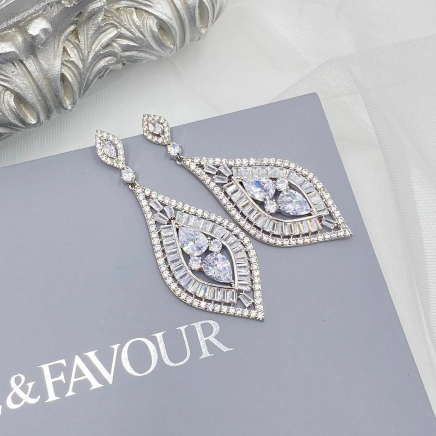 Lace & Favour Vintage Jewellery | Crystal Jewellery*Verona Statement Cubic Zirconia Chandelier Earrings Silver