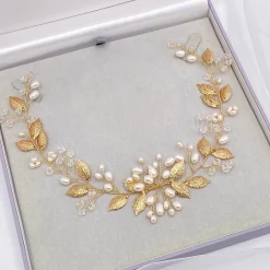 Lace & Favour Pearl Hair Accessories | Gold Hair Accessories*Woodland Dream Gold Leaves and Freshwater Pearl Hair Vine Ivory/ Gold