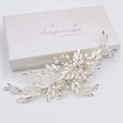 Twilight Designs Pearl Hair Accessories | Silver Hair Accessories*Zelda Silver Flowers and Leaves Wedding Hair Clip Ivory/ Silver